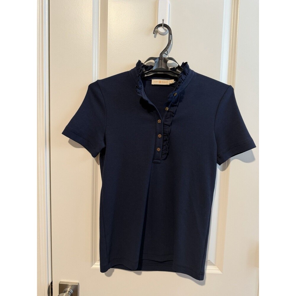 Tory Burch Navy Lidia Ruffle Polo Shirt Top Gold Logo Buttons Women's S